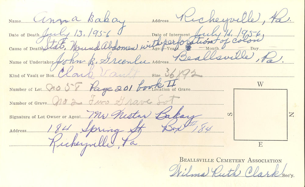 Anna Bakay burial card